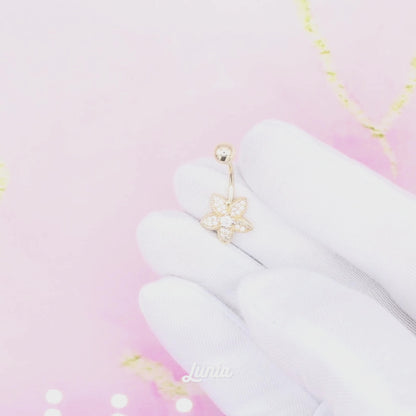 Compass Rose Navel Belly Ring 14K Gold with CZ Stone