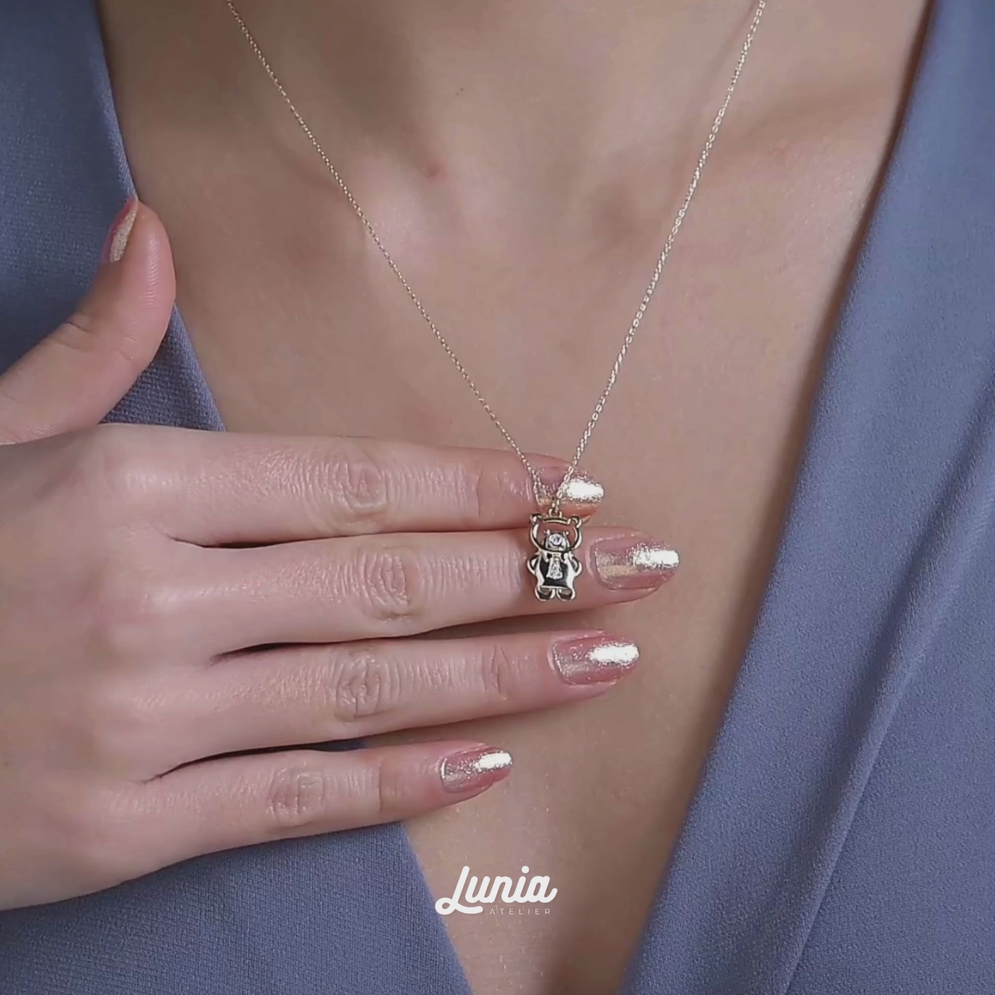 Tie Teddy Bear Diamond Necklace 14K Gold / Silver