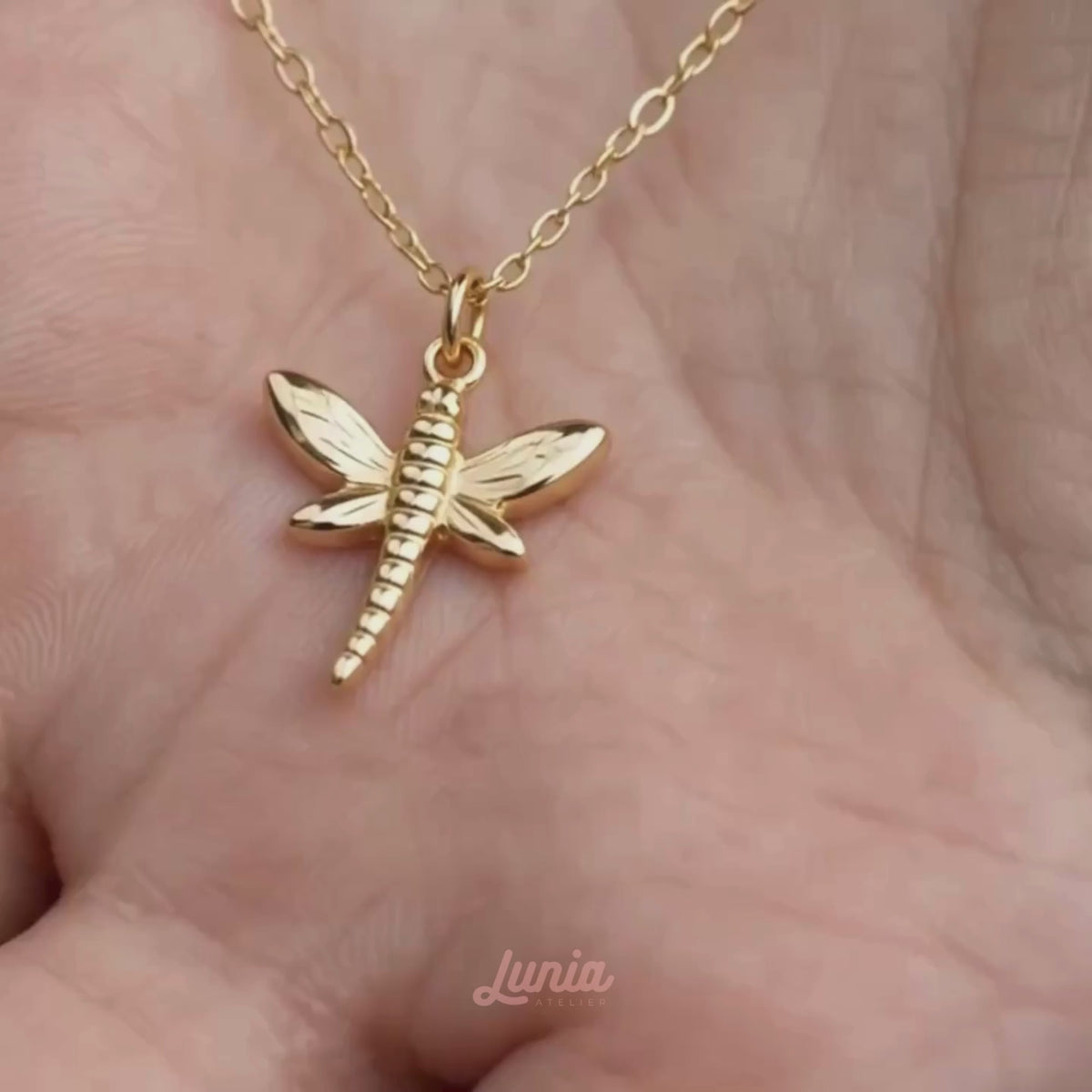 Dragonfly Pendant Necklace in 14K solid gold shown in a short product video
