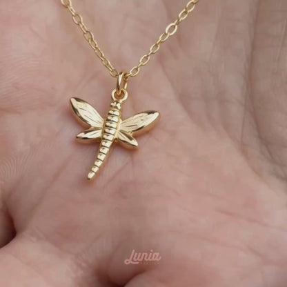 Dragonfly Pendant Necklace in 14K solid gold shown in a short product video