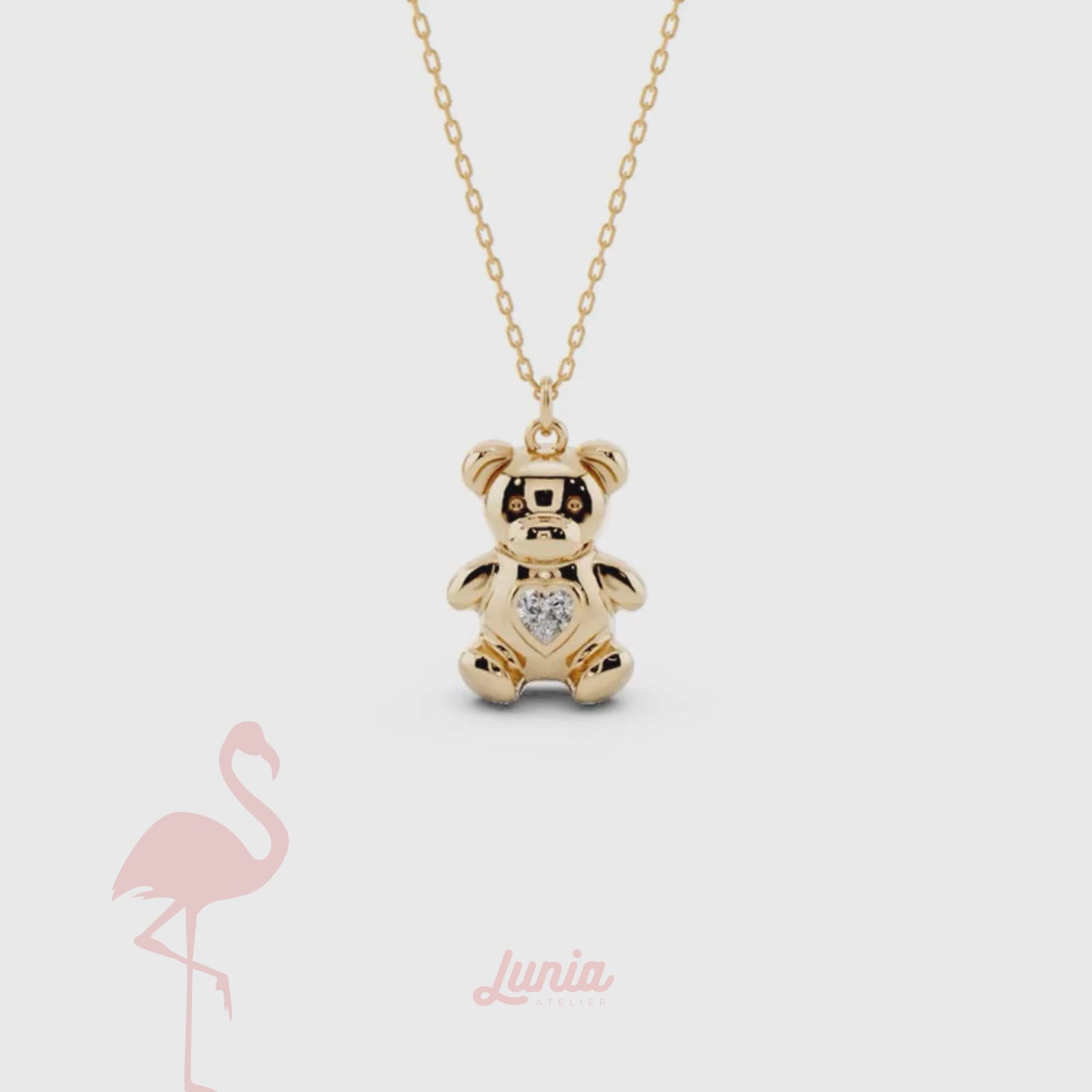 Teddy Bear Heart Stone Pendant Custom Necklace 14K Gold / Silver