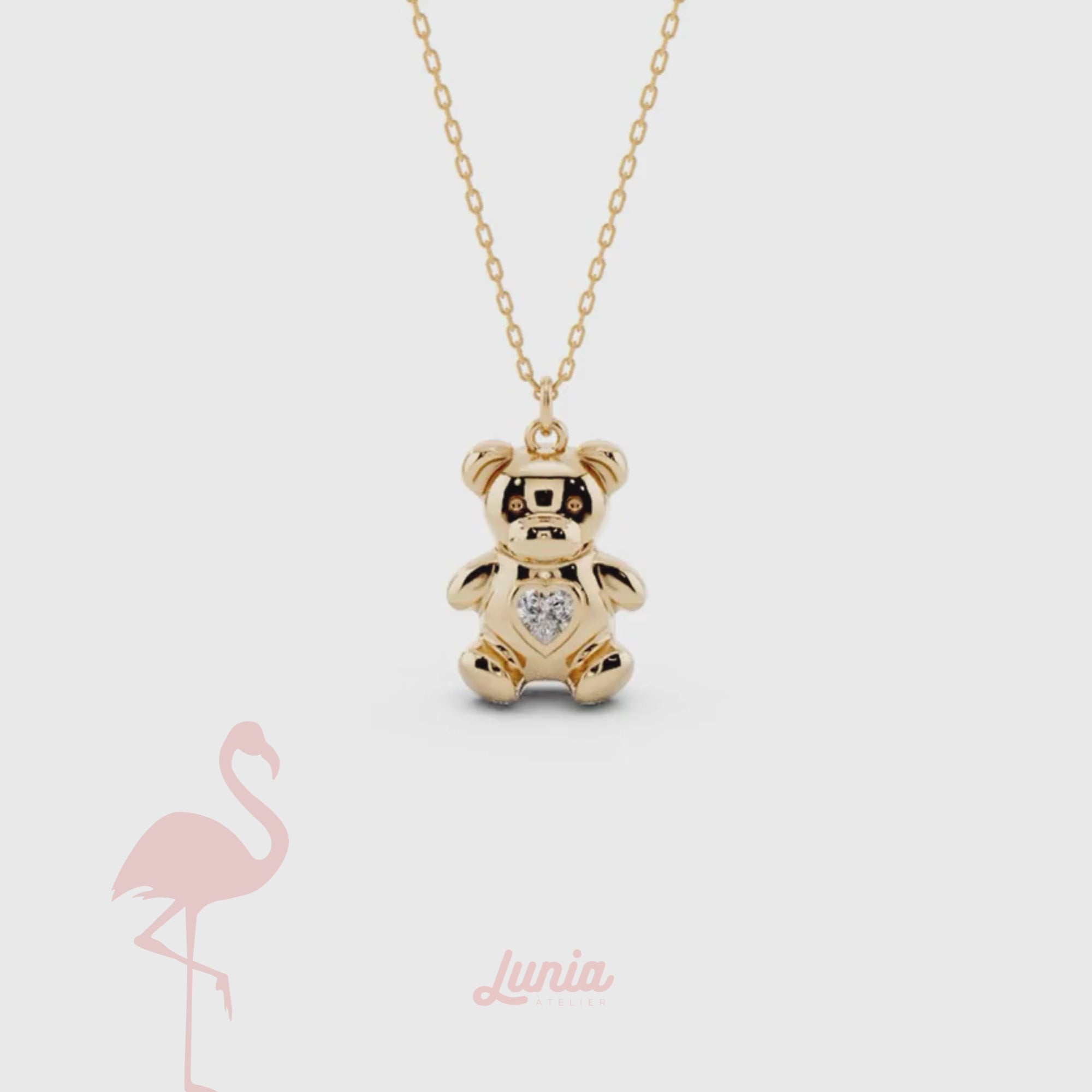 Teddy Bear Heart Stone Pendant Custom Necklace 14K Gold / Silver