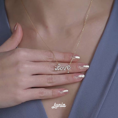 Stone Set Love Script Diamond Necklace 14K Gold / Silver