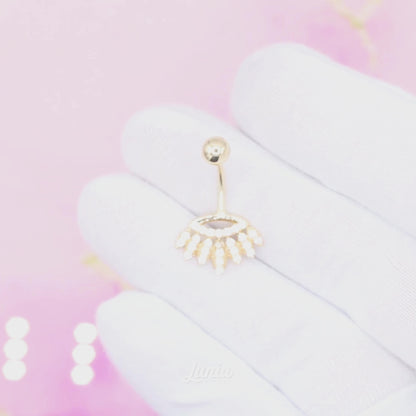 Seven Leaves Navel Belly Ring 14K Gold with CZ Stone