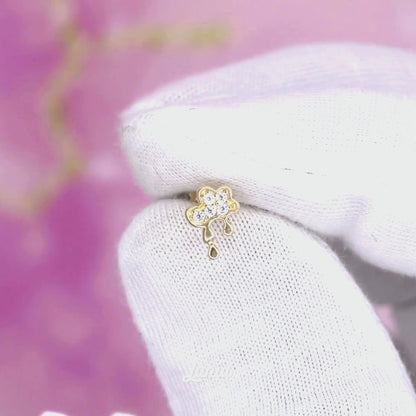Dripping Cloud Flatback Ear Piercing 14K Gold with CZ Stone