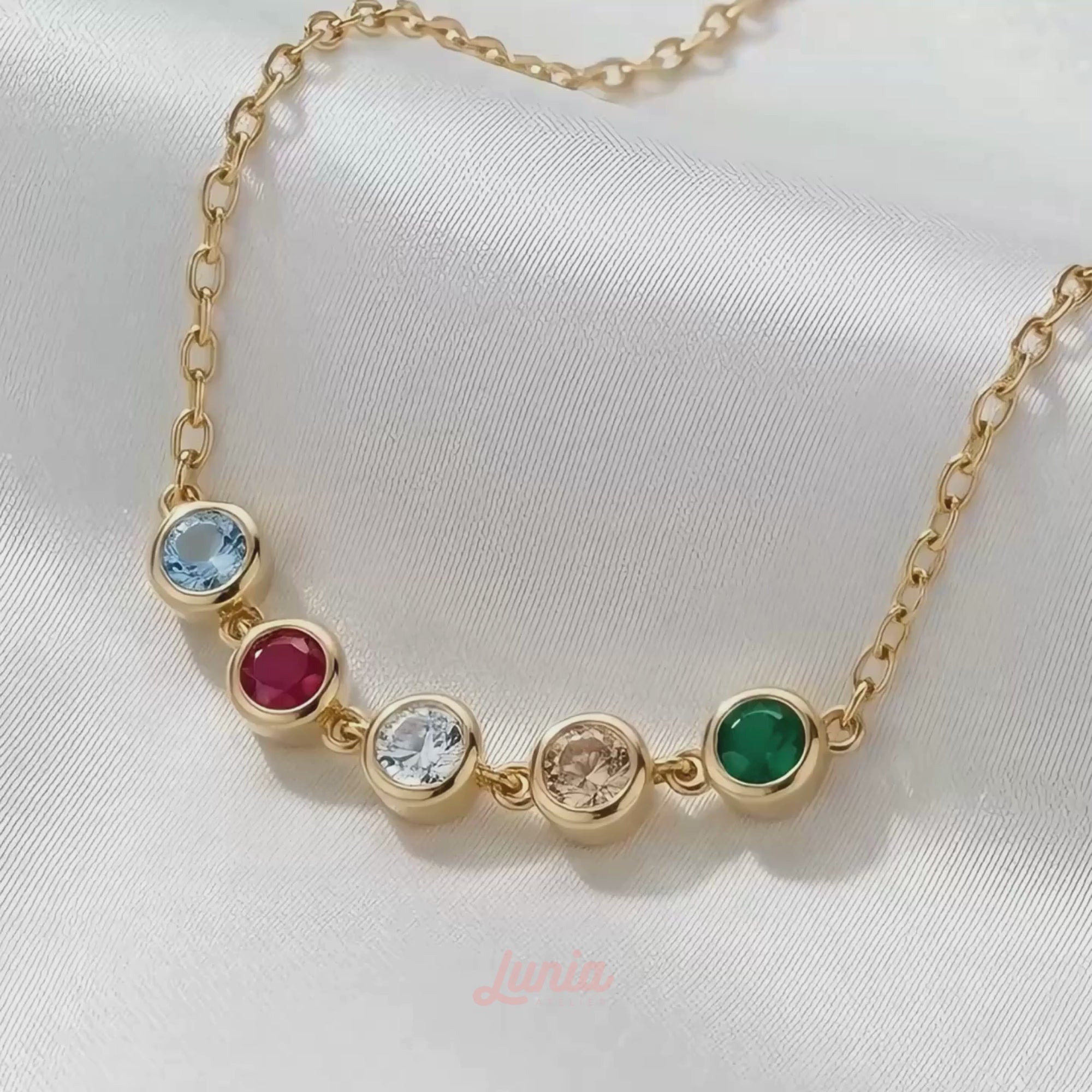 Family Round Birthstone Five Stone Custom Necklace 14K Gold