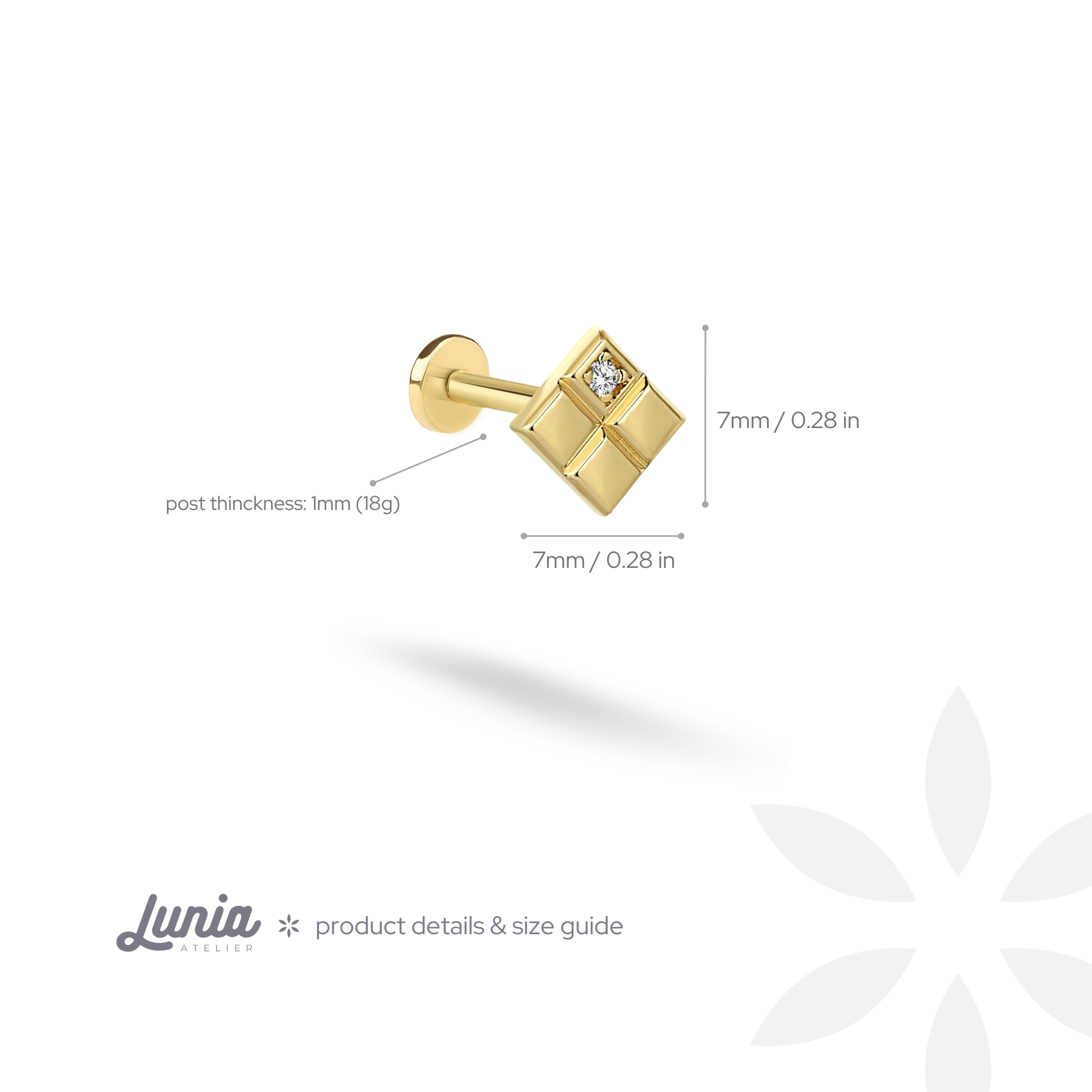 Princess Cut Flatback Ear Piercing 14K Gold Diamond CZ Stone