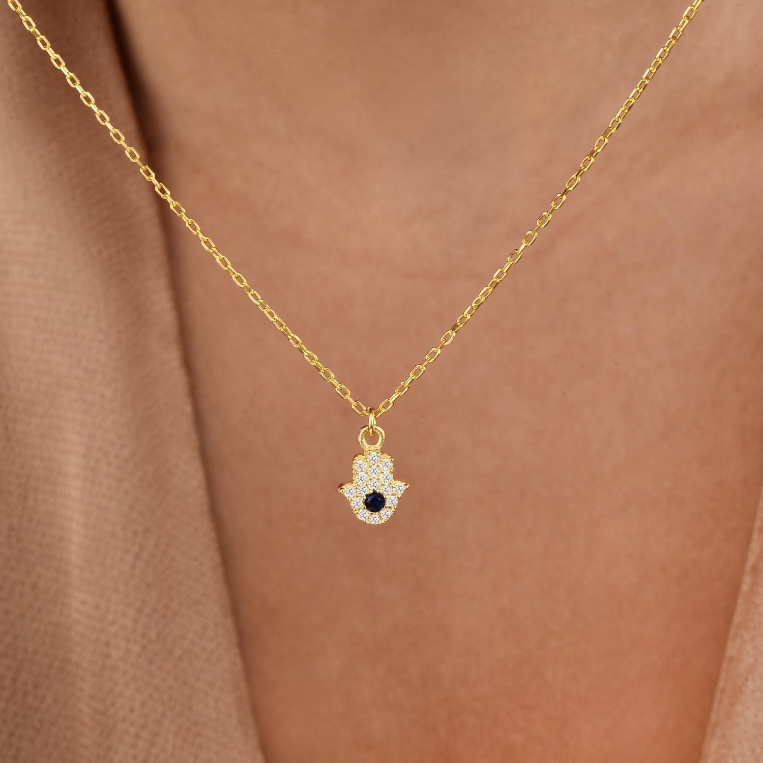 Protective Eye Hamsa Diamond Necklace 14K Gold