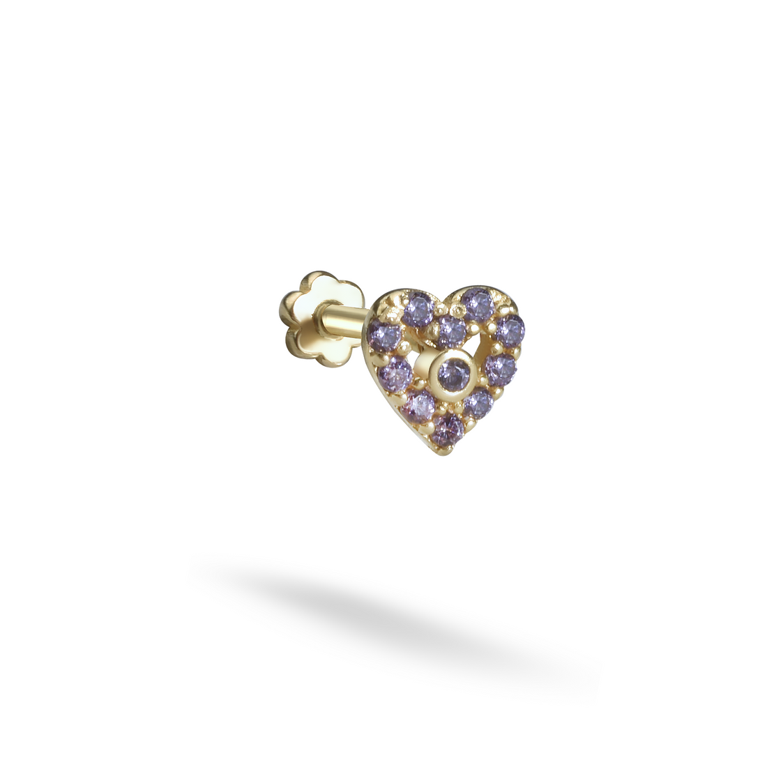 Purple Heart Flatback Ear Piercing 14K Gold with CZ Stone