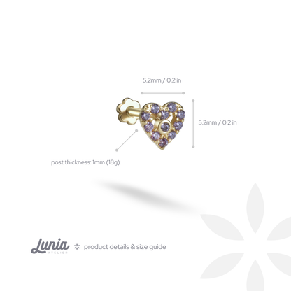 Purple Heart Flatback Ear Piercing 14K Gold with CZ Stone