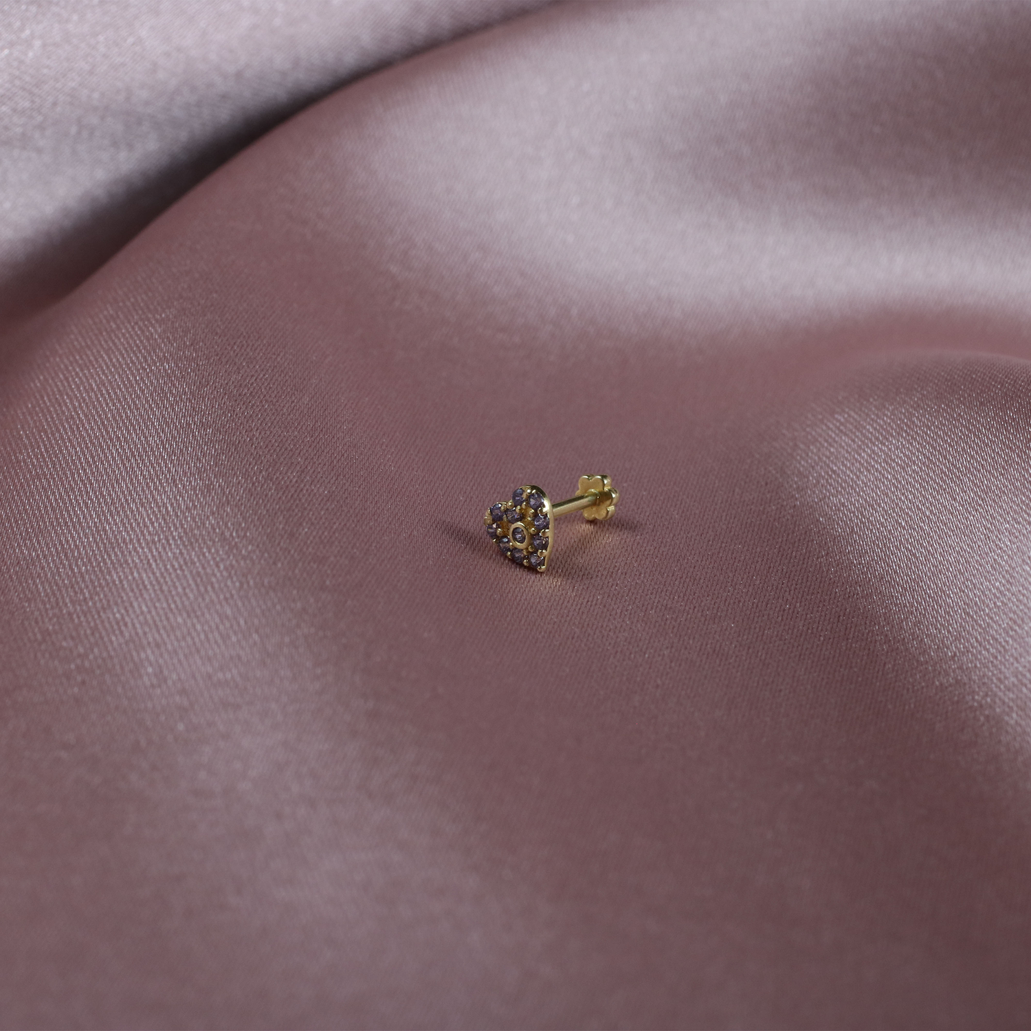 Purple Heart Flatback Ear Piercing 14K Gold with CZ Stone