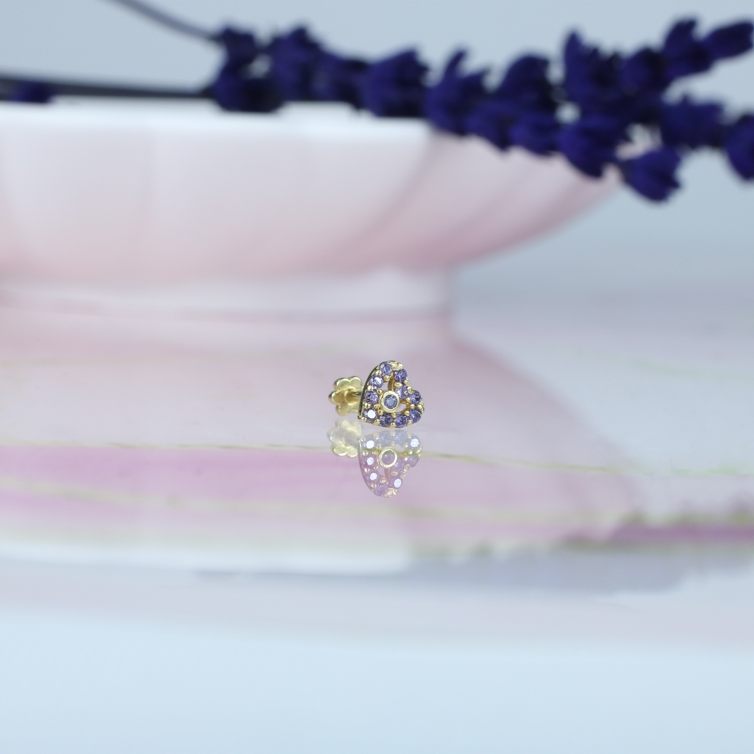 Purple Heart Flatback Ear Piercing 14K Gold with CZ Stone