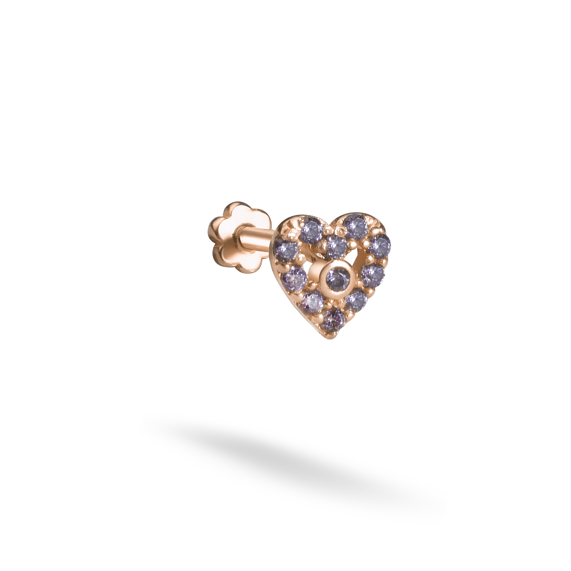 Purple Heart Flatback Ear Piercing 14K Gold with CZ Stone