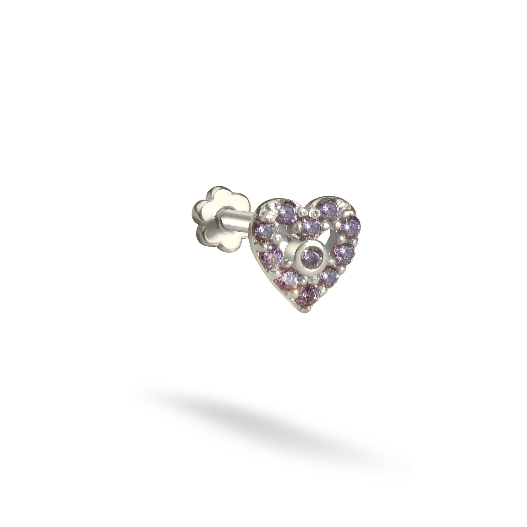 Purple Heart Flatback Ear Piercing 14K Gold with CZ Stone