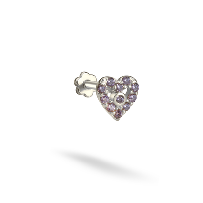 Purple Heart Flatback Ear Piercing 14K Gold with CZ Stone