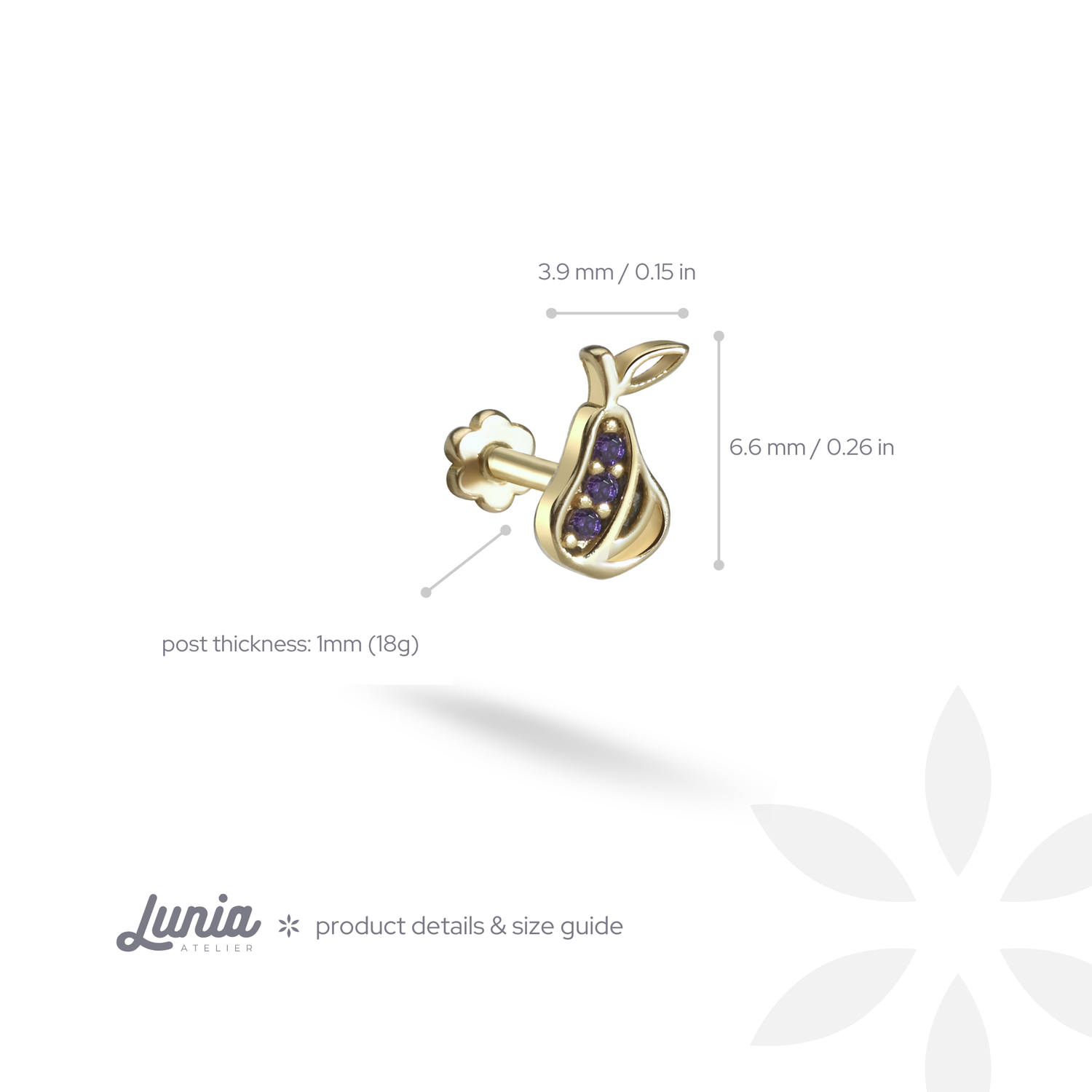 Purple Pear Flatback Ear Piercing 14K Gold with CZ Stone