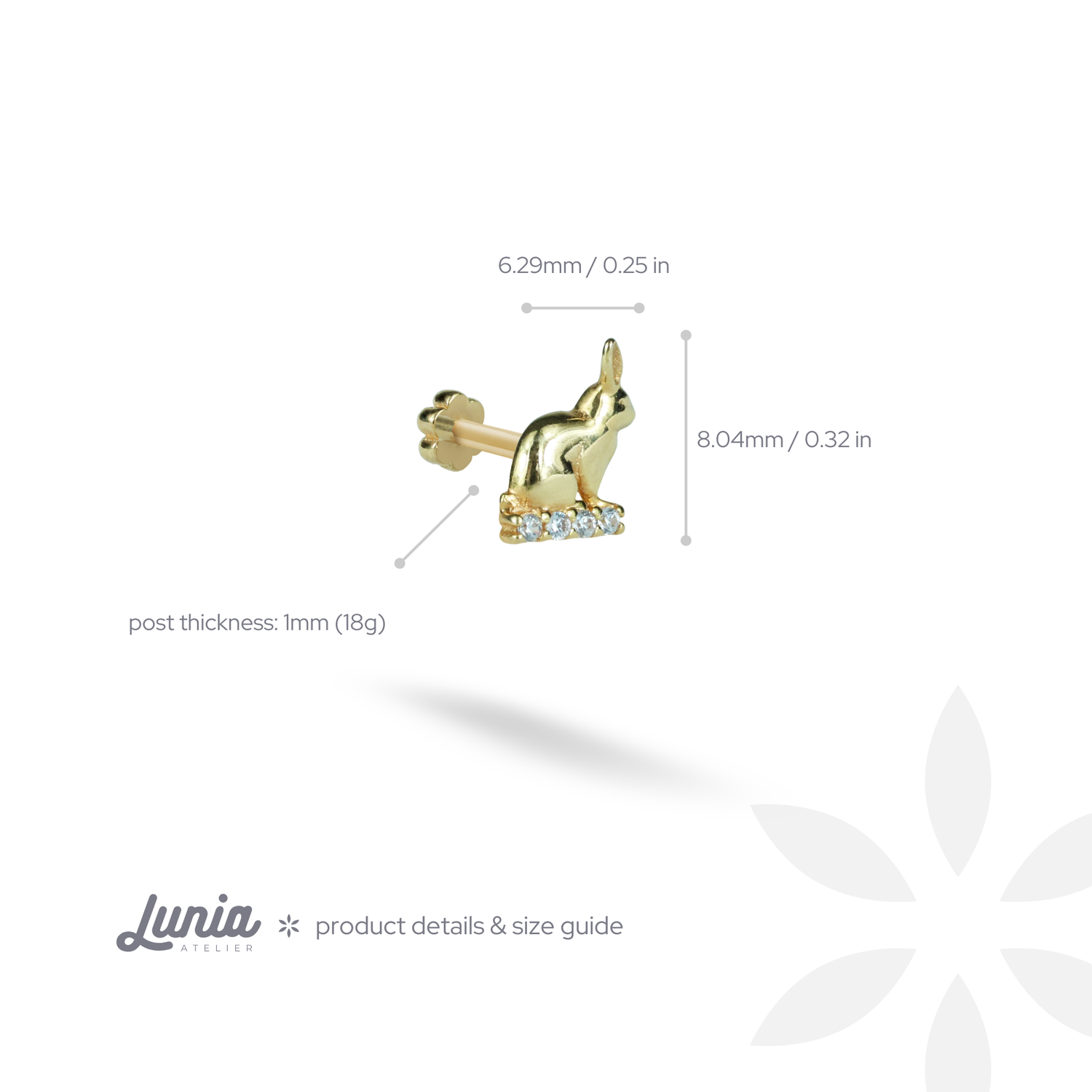 Rabbit Flatback Ear Piercing 14K Gold with CZ Stone