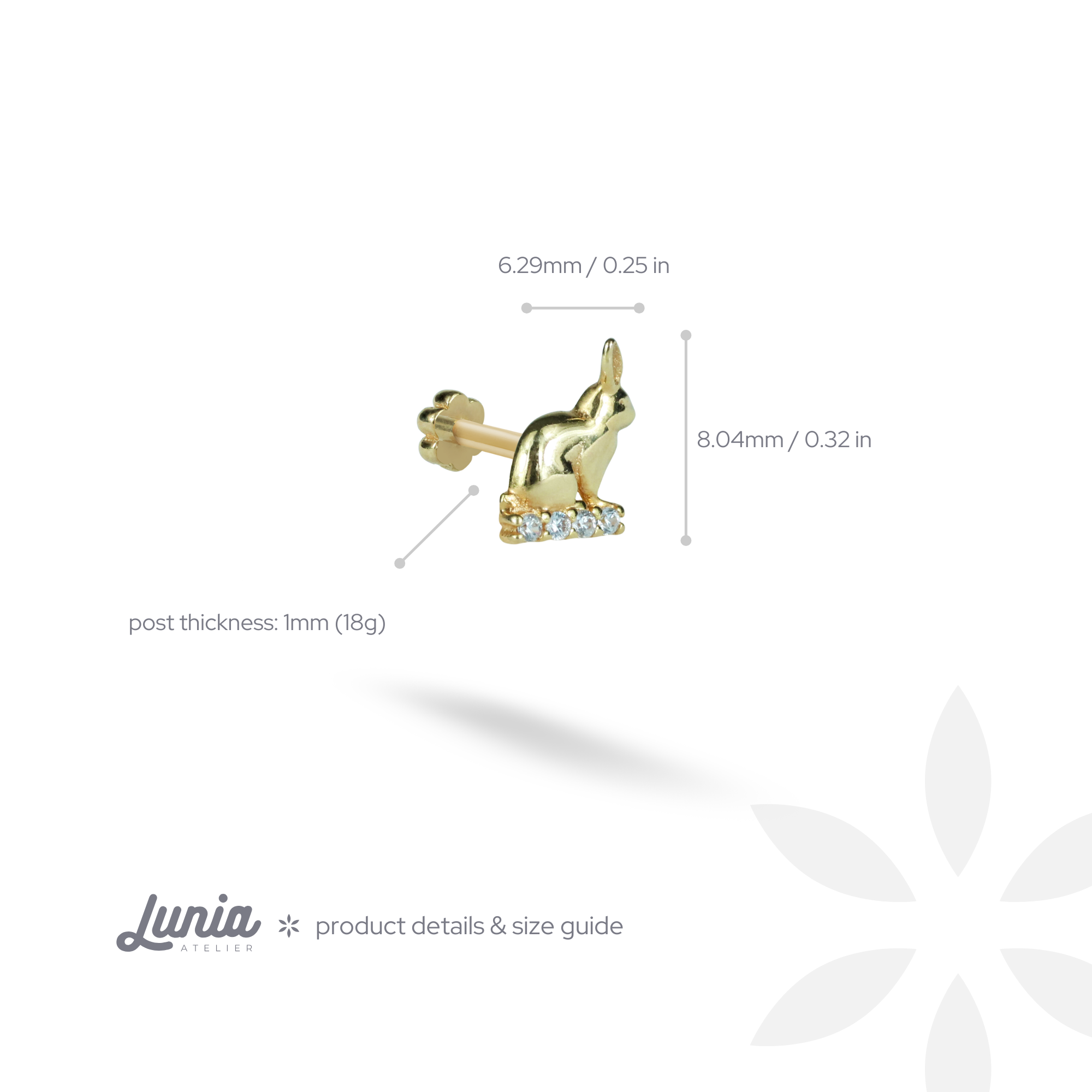 Rabbit Flatback Ear Piercing 14K Gold with CZ Stone