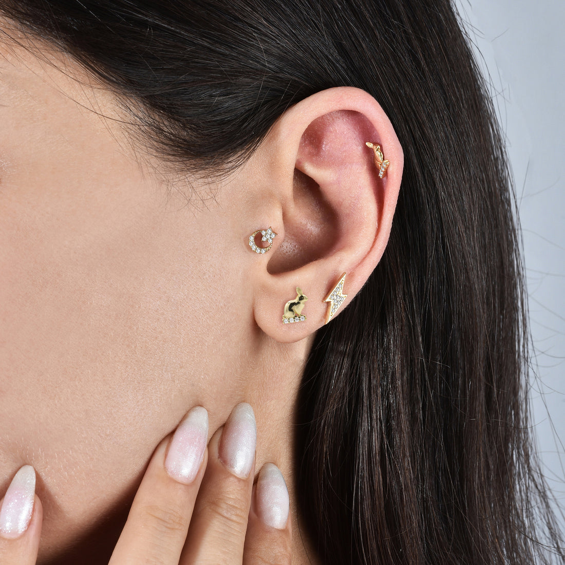 Crafted Rabbit Flatback Ear Piercing in 14K Gold with CZ Stone