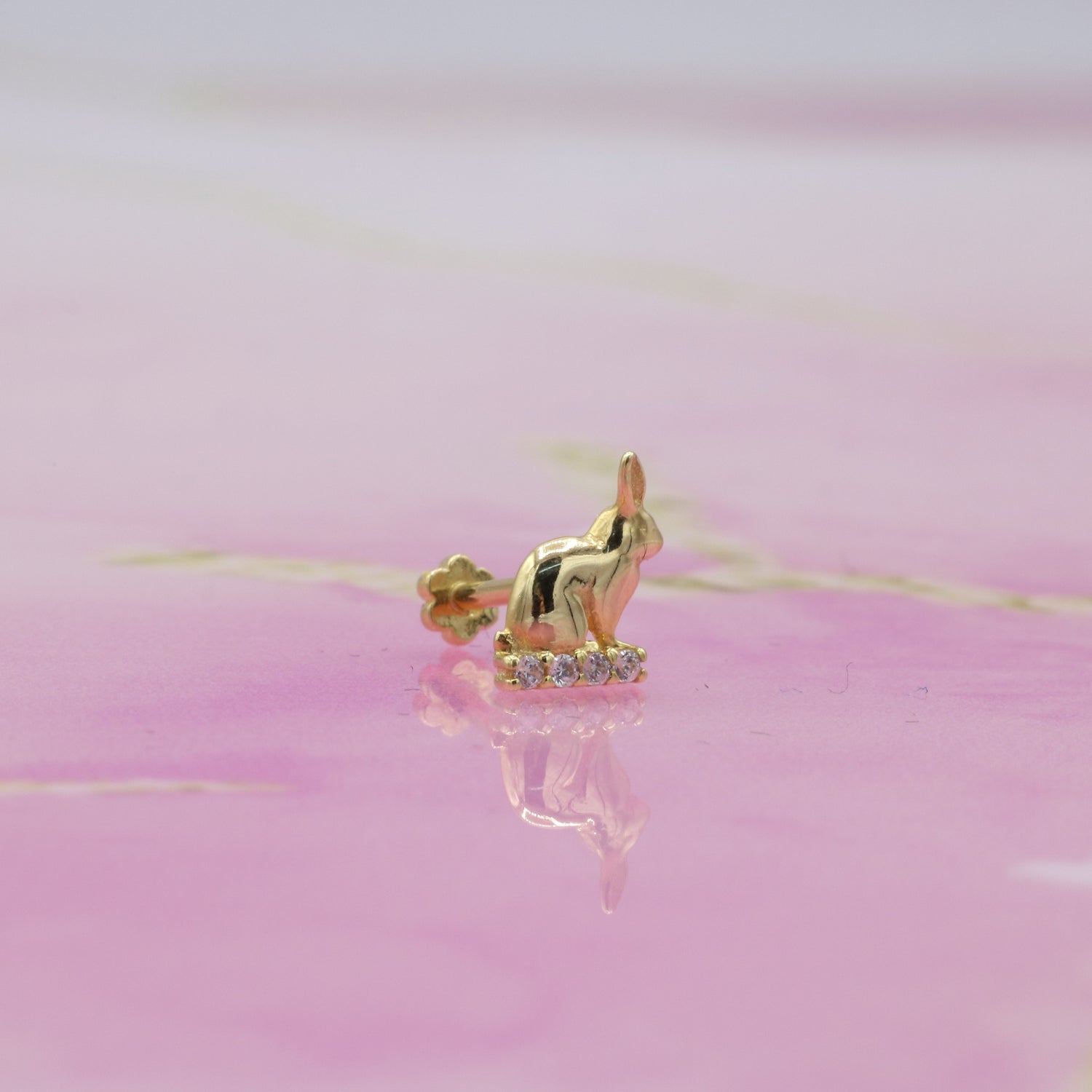 Rabbit Flatback Ear Piercing 14K Gold with CZ Stone