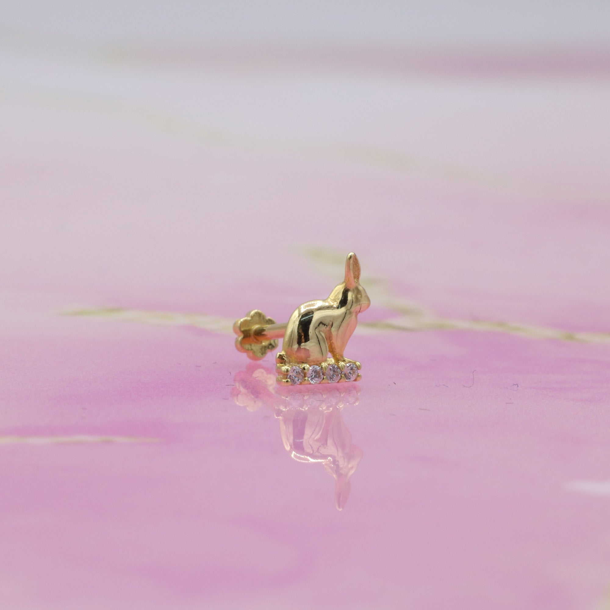 Rabbit Flatback Ear Piercing 14K Gold with CZ Stone