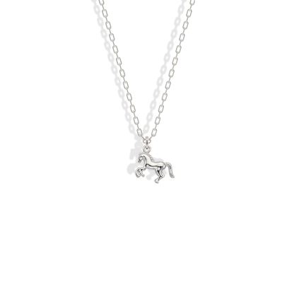 White gold horse pendant with a cool polish that clarifies the lifted legs