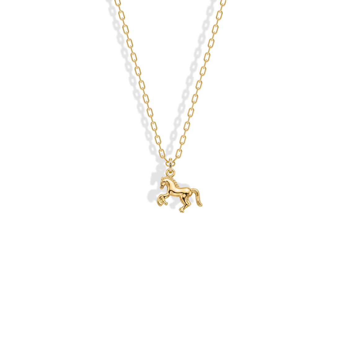 Forelegs lifted and tail swept back on the yellow gold Rearing Horse Pendant Necklace 14K Gold