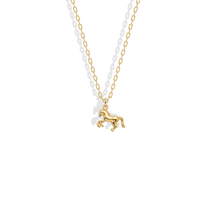 Forelegs lifted and tail swept back on the yellow gold Rearing Horse Pendant Necklace 14K Gold