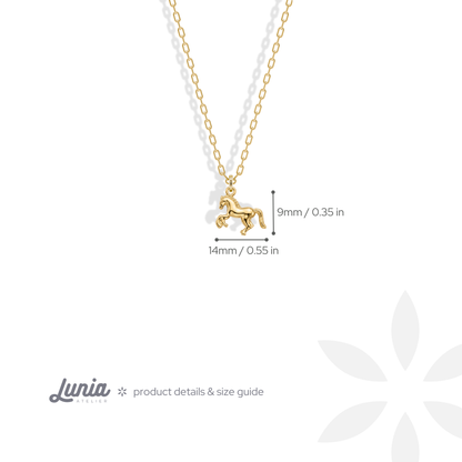 Horse charm is 14 mm wide from chest to tail and 9 mm high