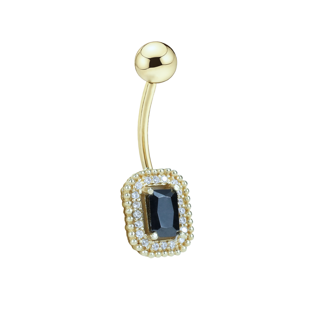 Rectangle Black Navel Belly Ring 14K Gold with CZ Stone