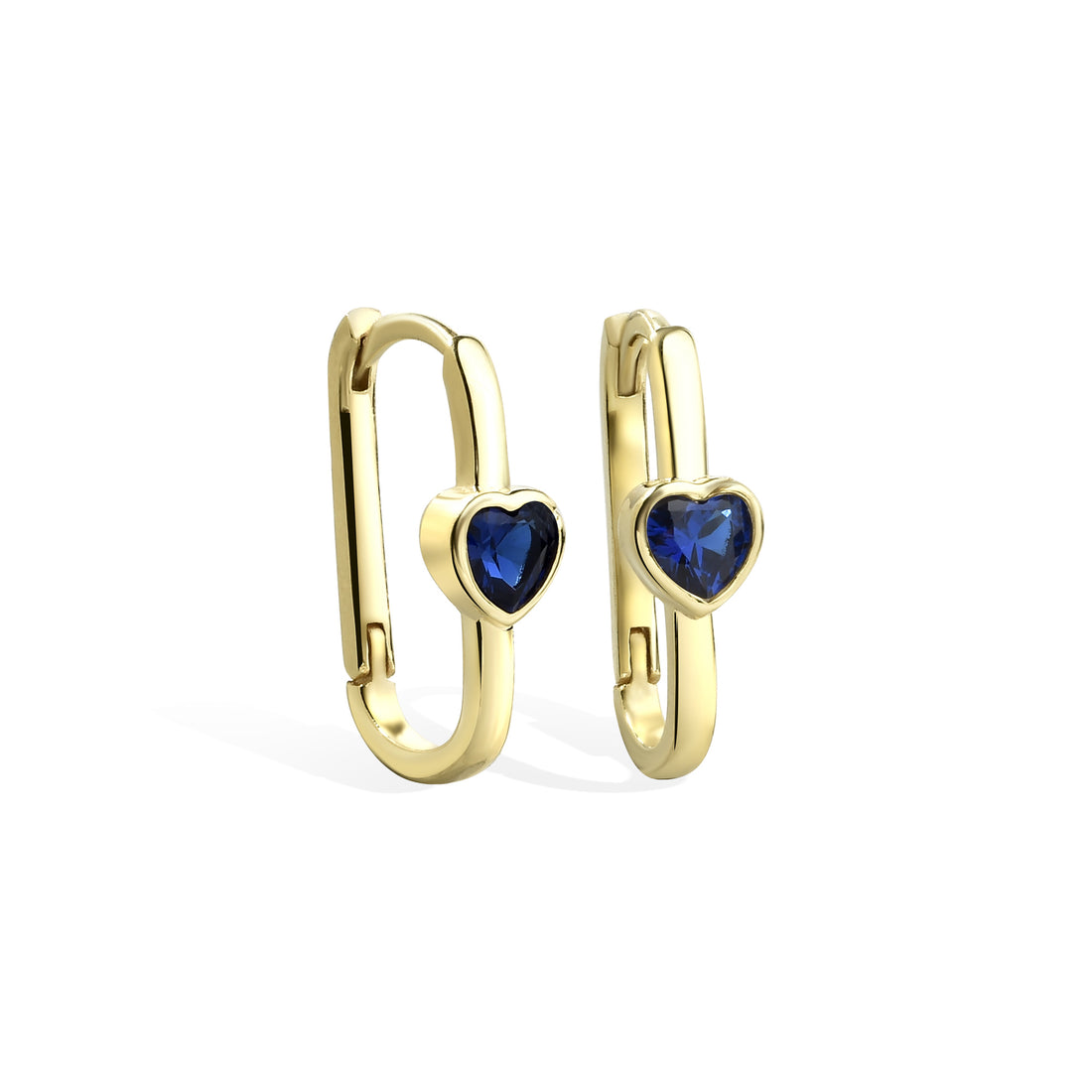 Rectangle Heart Blue Hoop Earrings 14K Gold