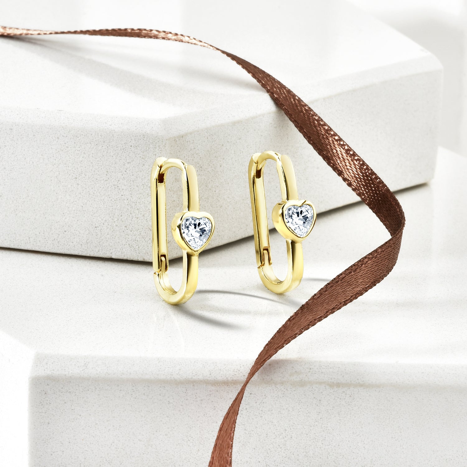 Rectangle Heart Hoop Earrings 14K Gold