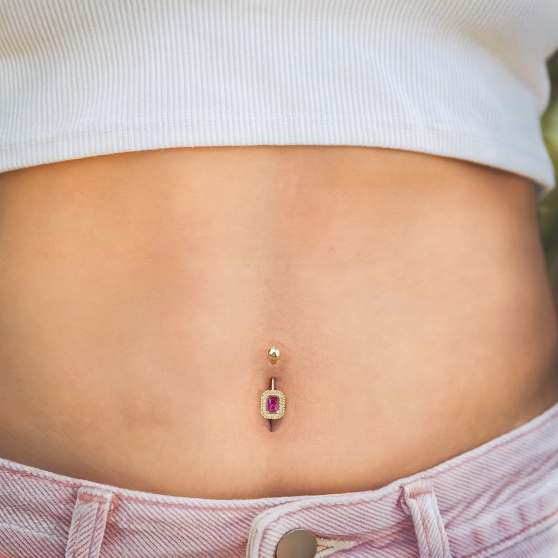 Rectangle Pink Navel Belly Ring 14K Gold with CZ Stone