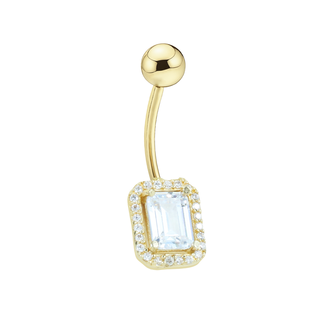 Rectangle White Navel Belly Ring 14K Gold with CZ Stone