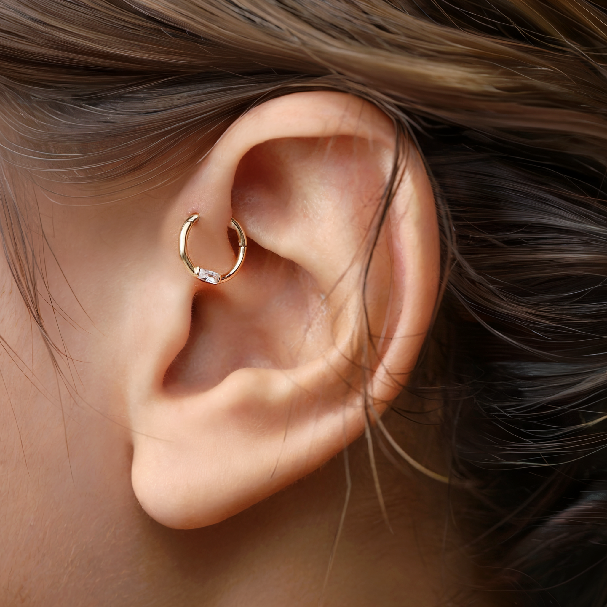 Rectangles Hoop Ear Diamond Piercing 14K Gold with CZ Stone