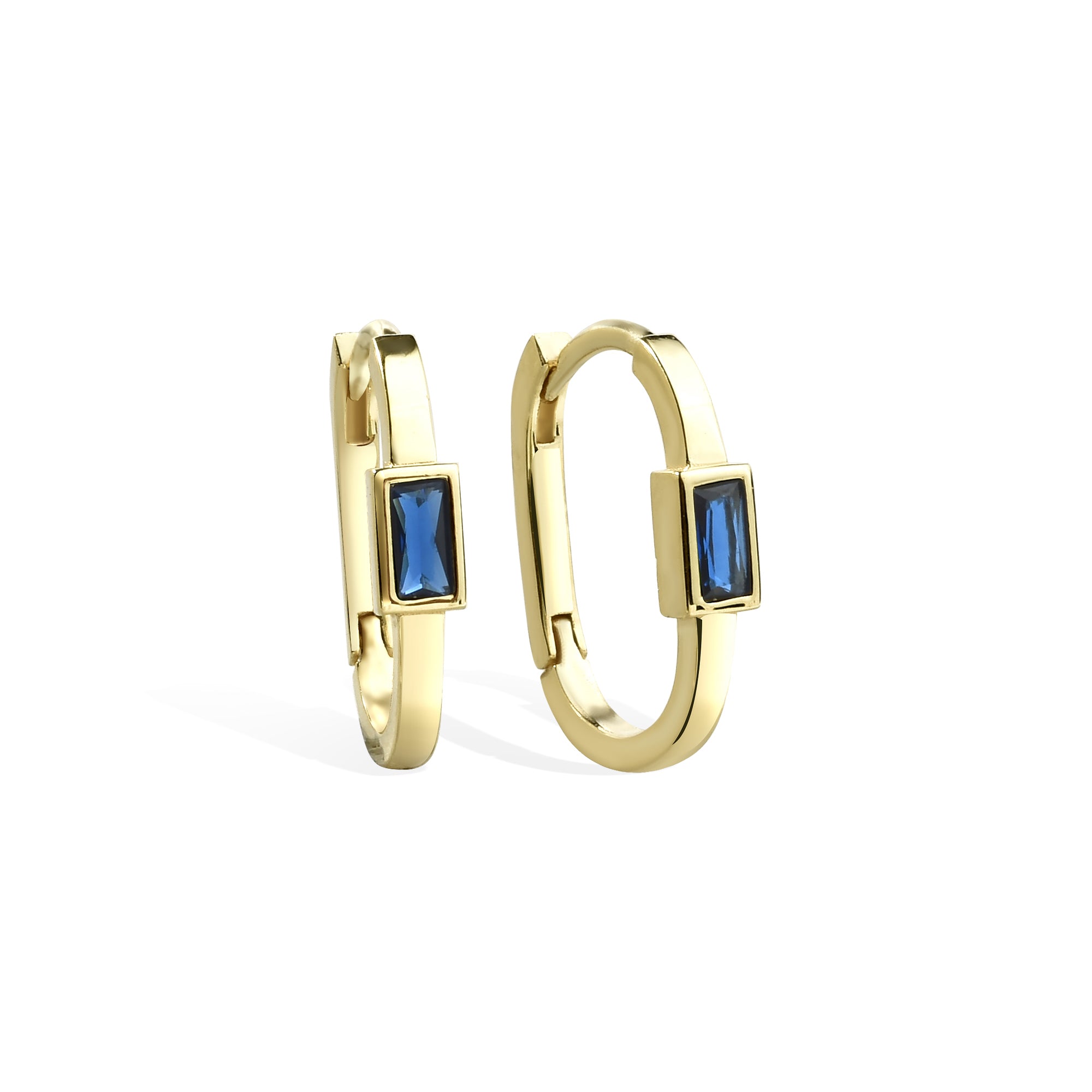 Rectangular Blue Hoops Earrings 14K Gold