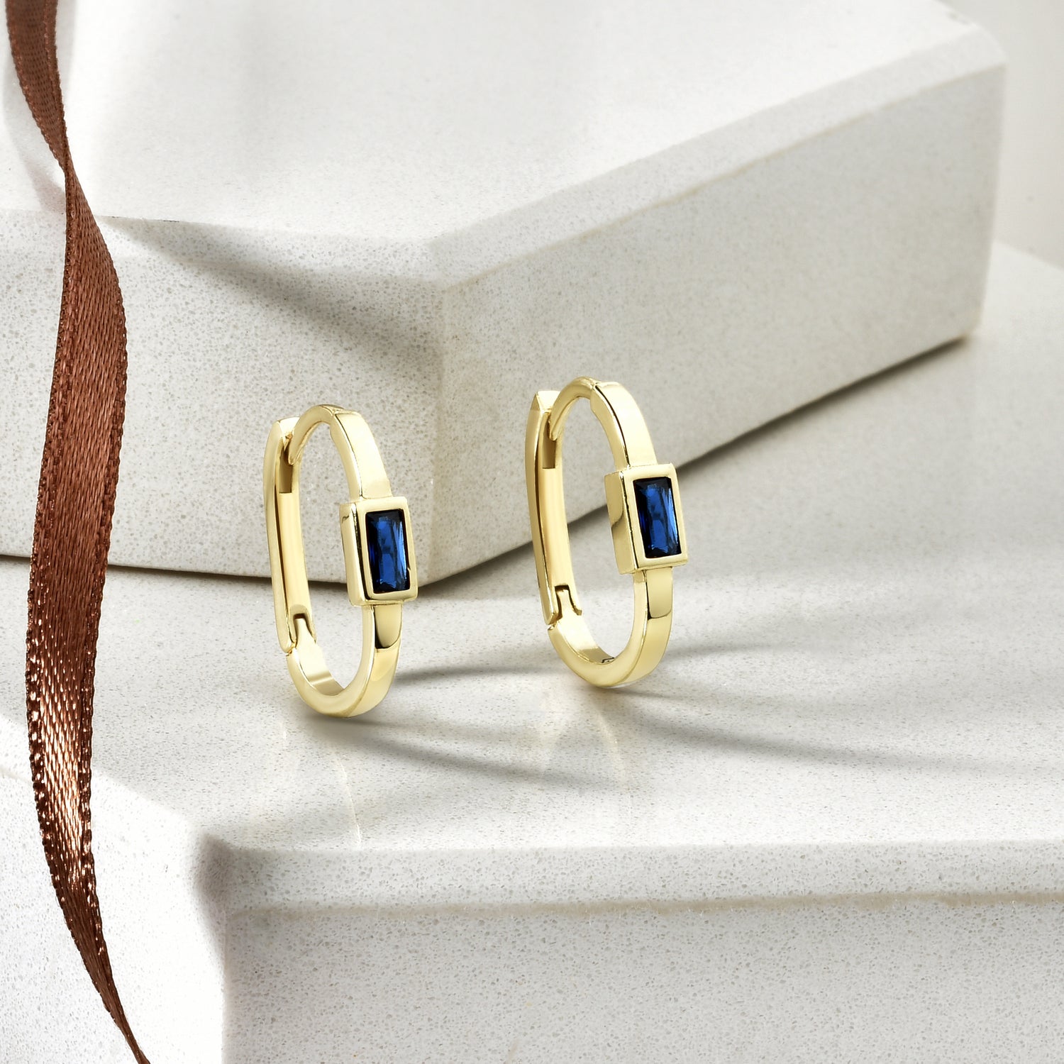 Rectangular Blue Hoops Earrings 14K Gold