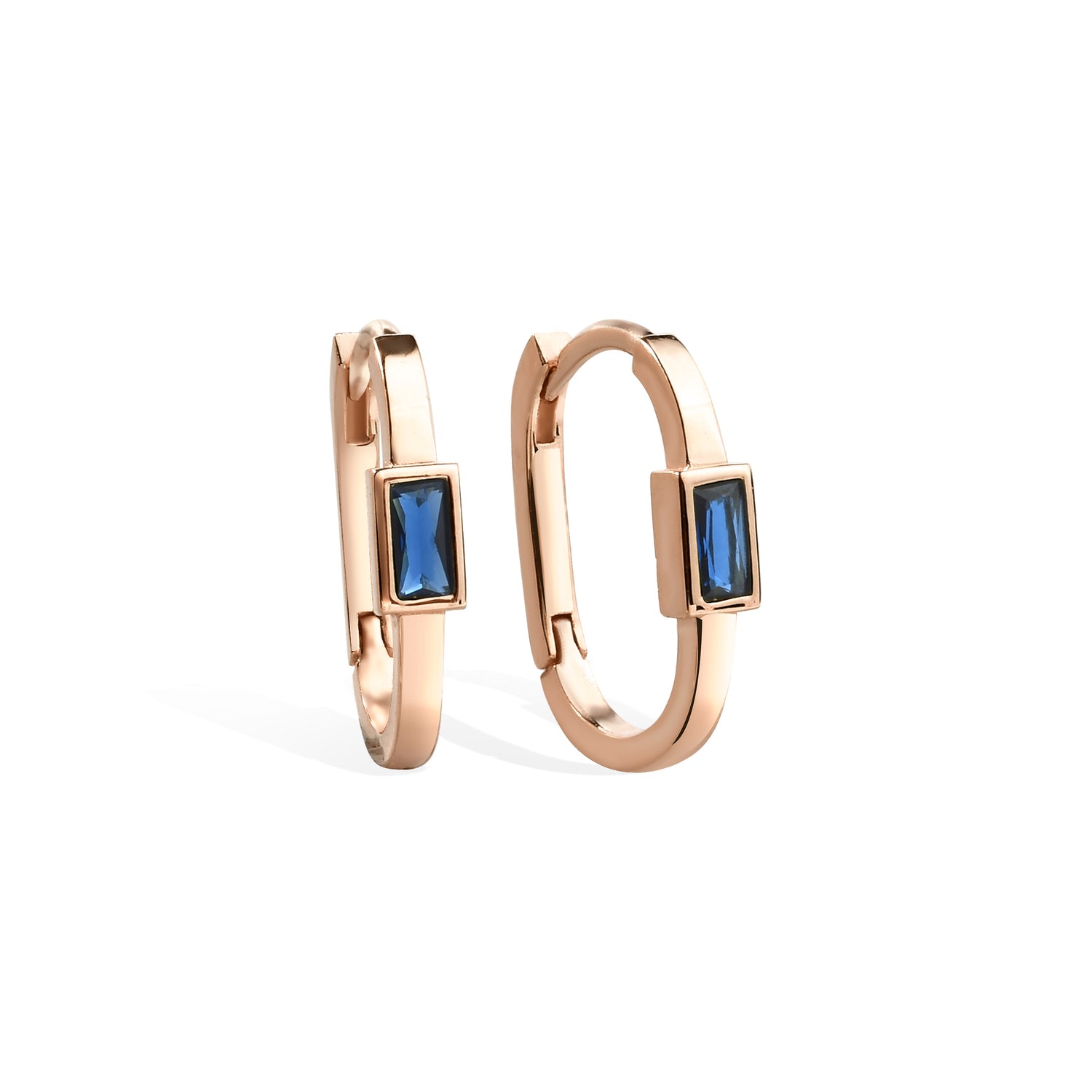 Rectangular Blue Hoops Earrings 14K Gold