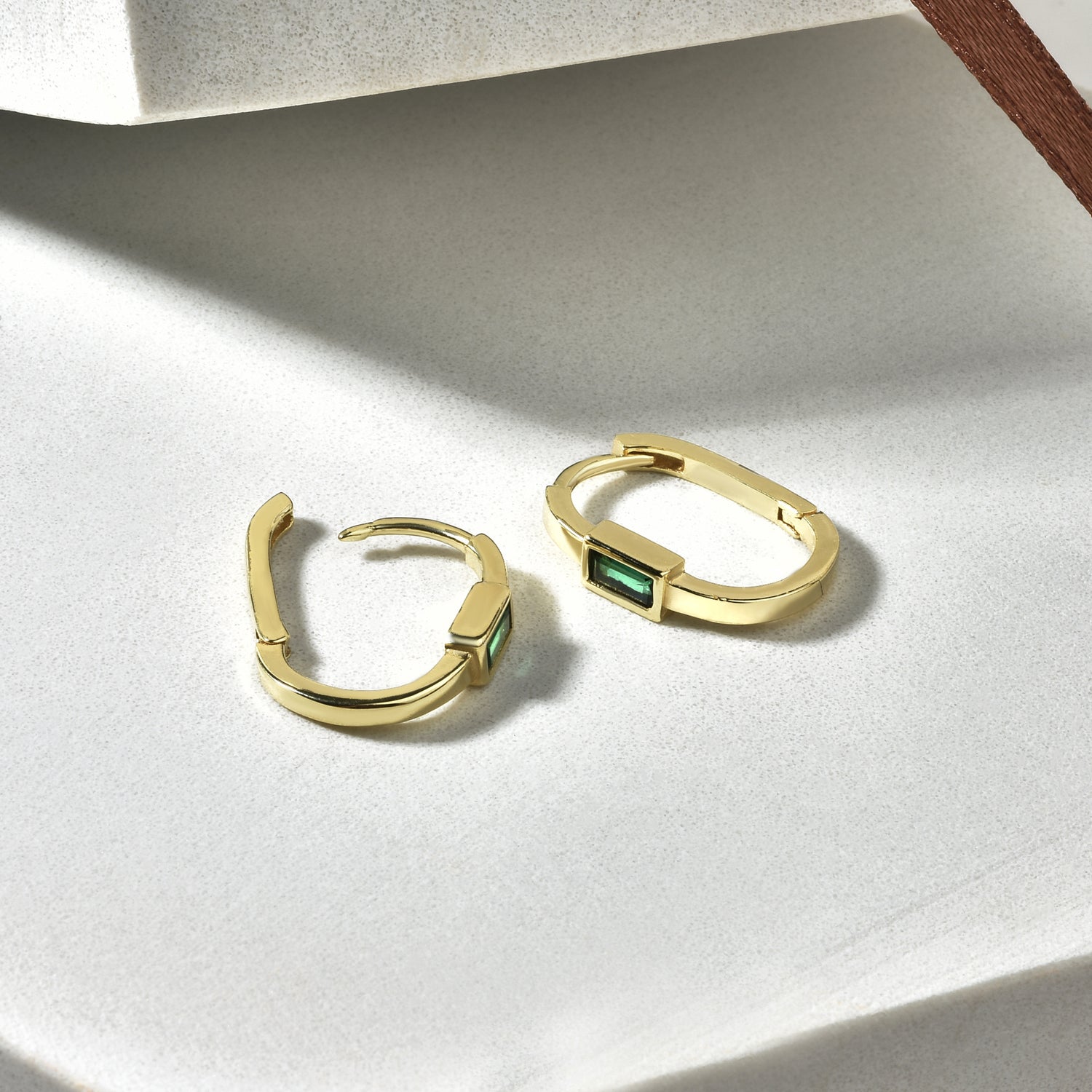 Rectangular Green Hoops Earrings 14K Gold