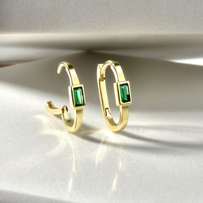 Rectangular Green Hoops Earrings 14K Gold