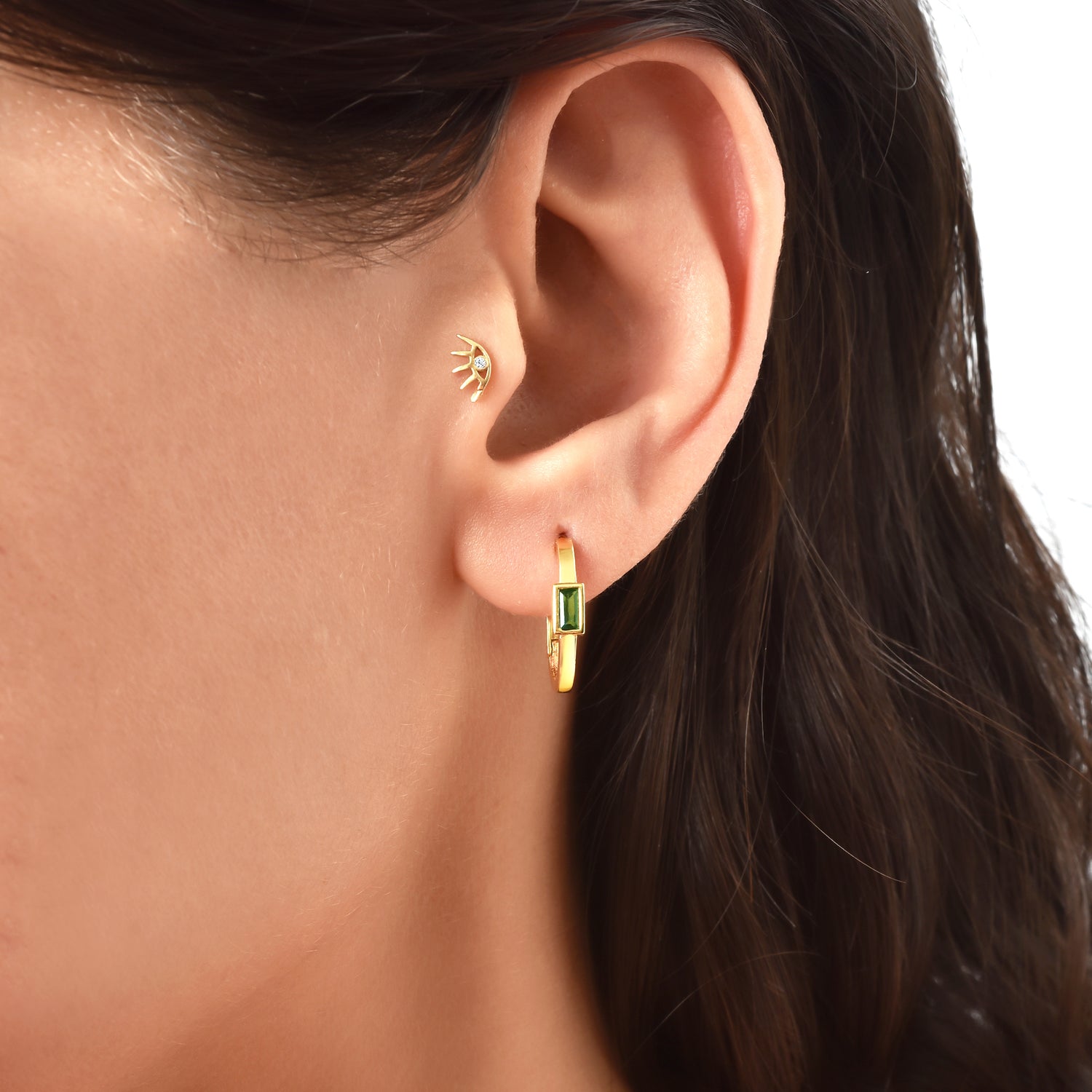 Square Emerald Hoops Earrings 14K Gold
