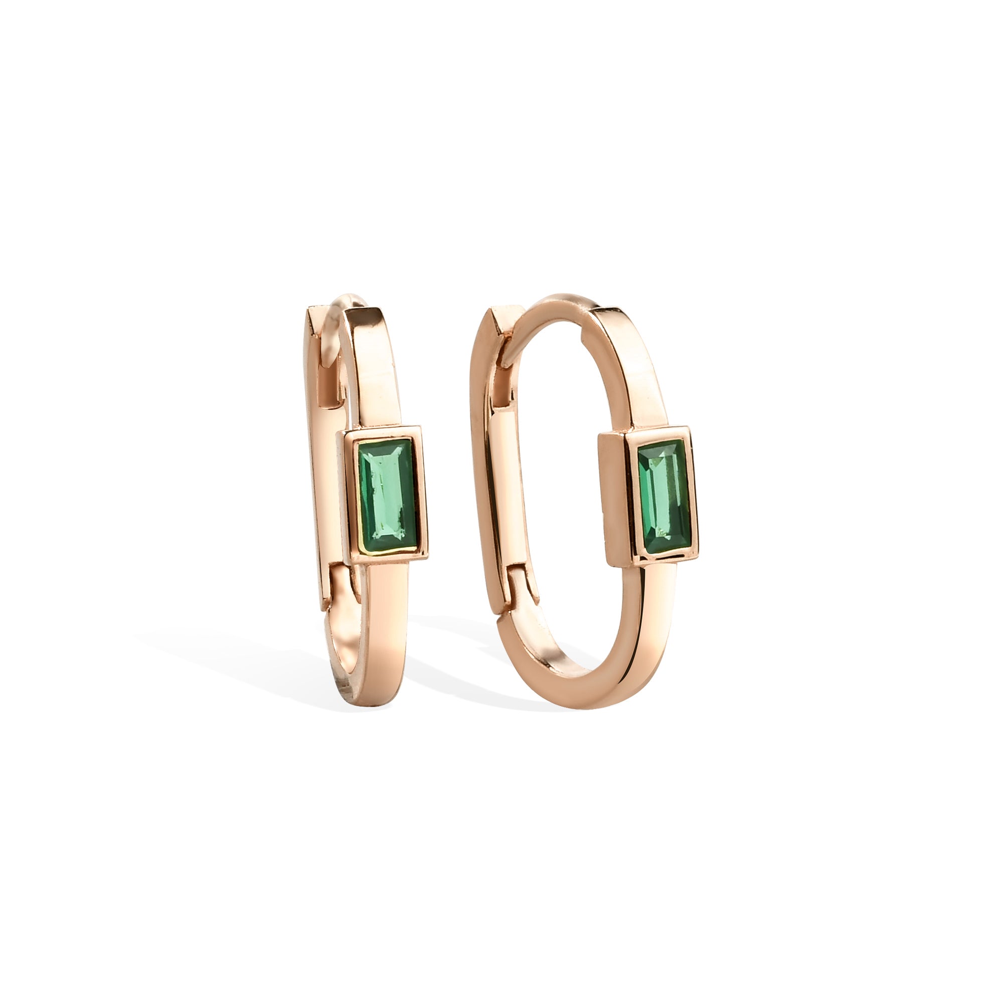 Rectangular Green Hoops Earrings 14K Gold