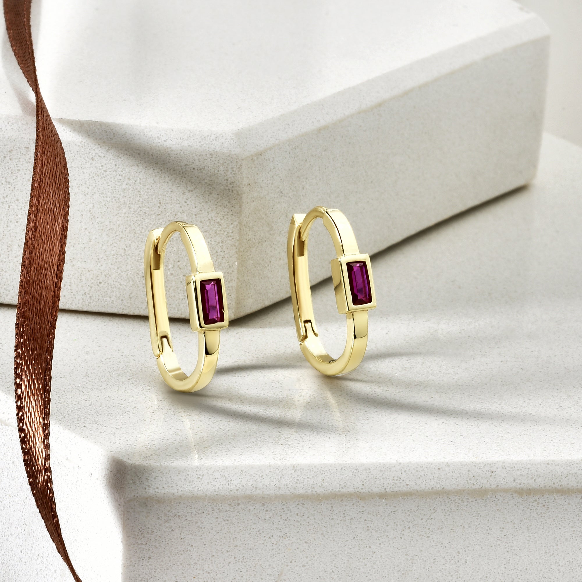 Rectangular Pink Hoops Earrings 14K Gold