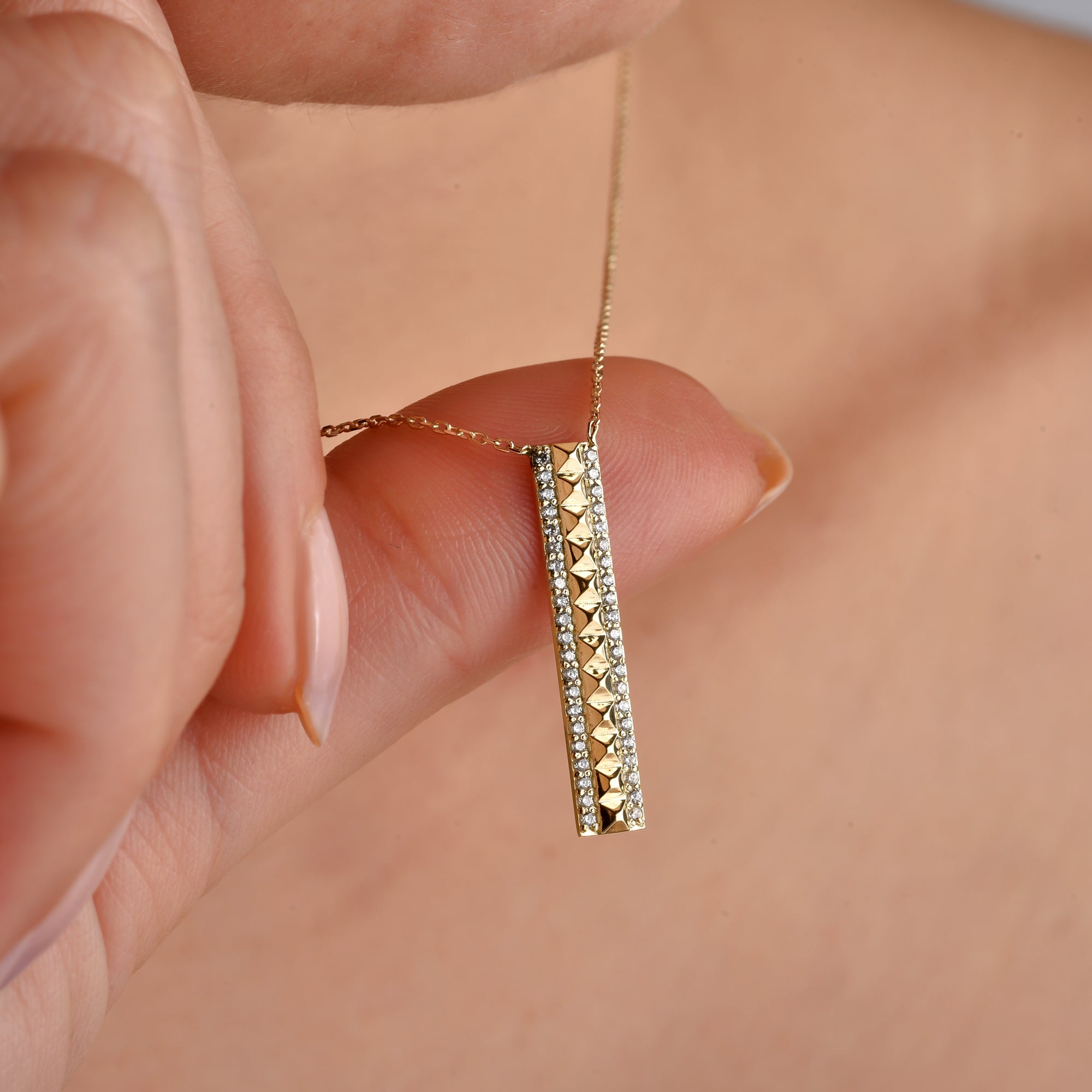 Close up of Rectangular Stone Row Necklace 14K Gold / Silver elegant diamond jewelry with rectangular stone row design