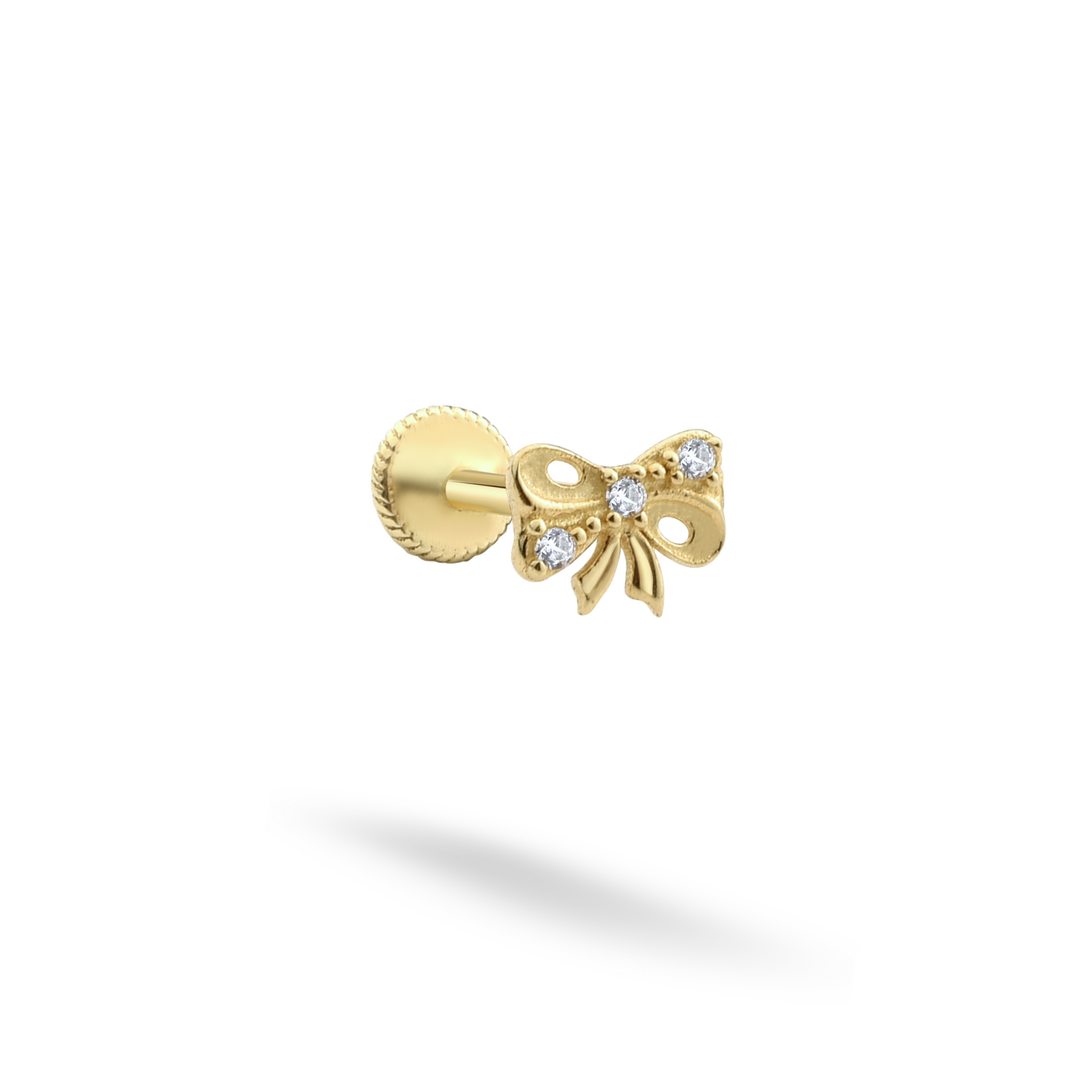 Ribbon Bow Flatback Ear Piercing 14K Gold with CZ Stone