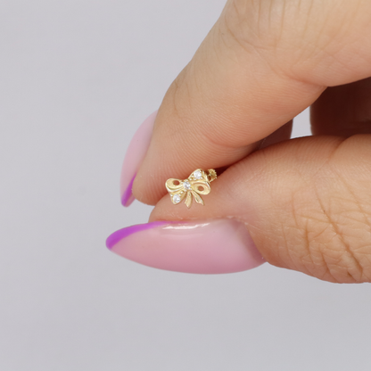 Ribbon Bow Flatback Ear Piercing 14K Gold with CZ Stone