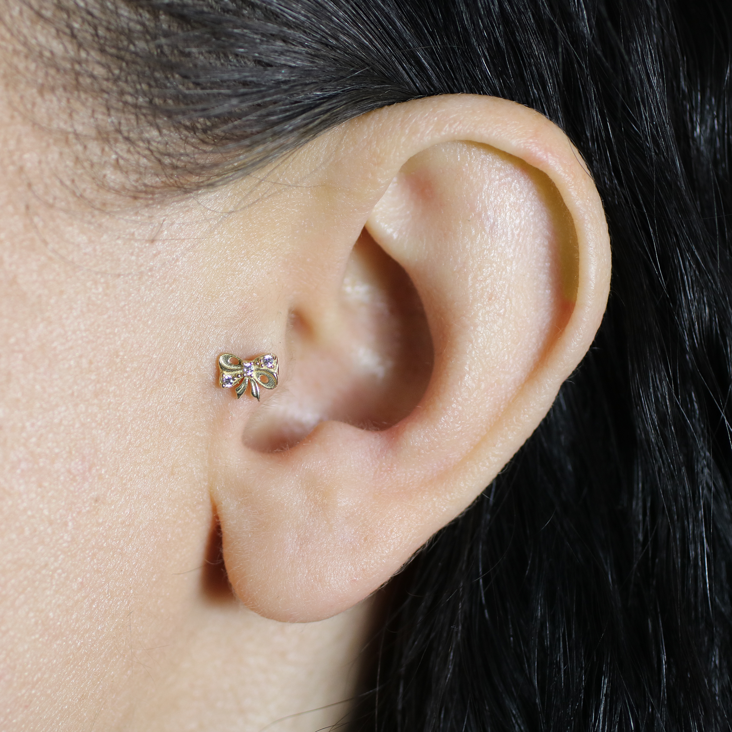&quot;Grace Bow Flatback Ear Piercing 14K Gold with CZ Stone
