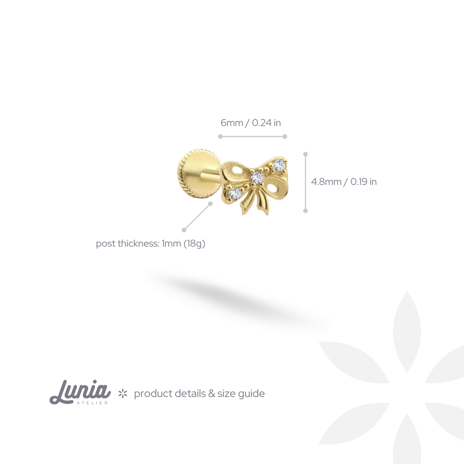 Ribbon Bow Flatback Ear Piercing 14K Gold with CZ Stone