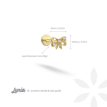 Ribbon Bow Flatback Ear Piercing 14K Gold with CZ Stone