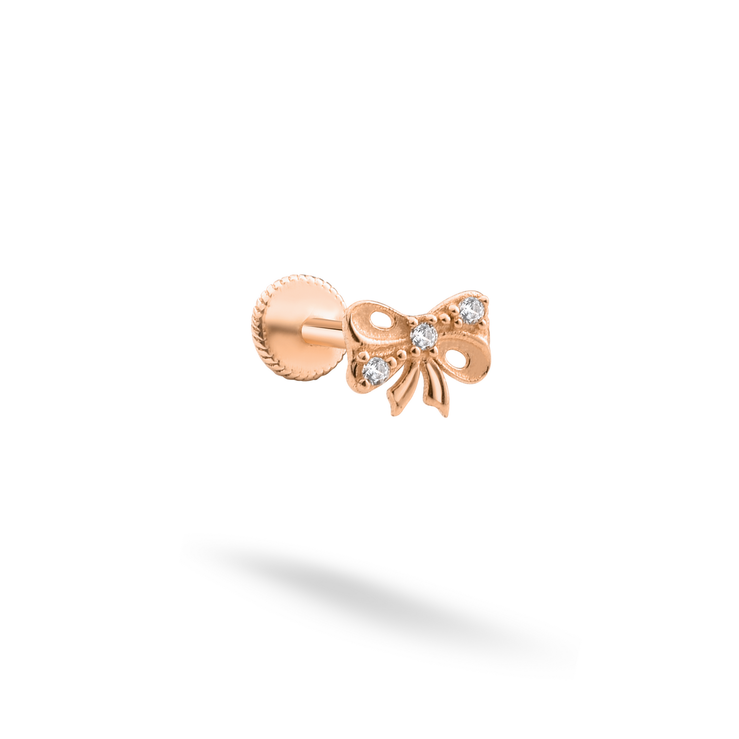 Ribbon Bow Flatback Ear Piercing 14K Gold with CZ Stone